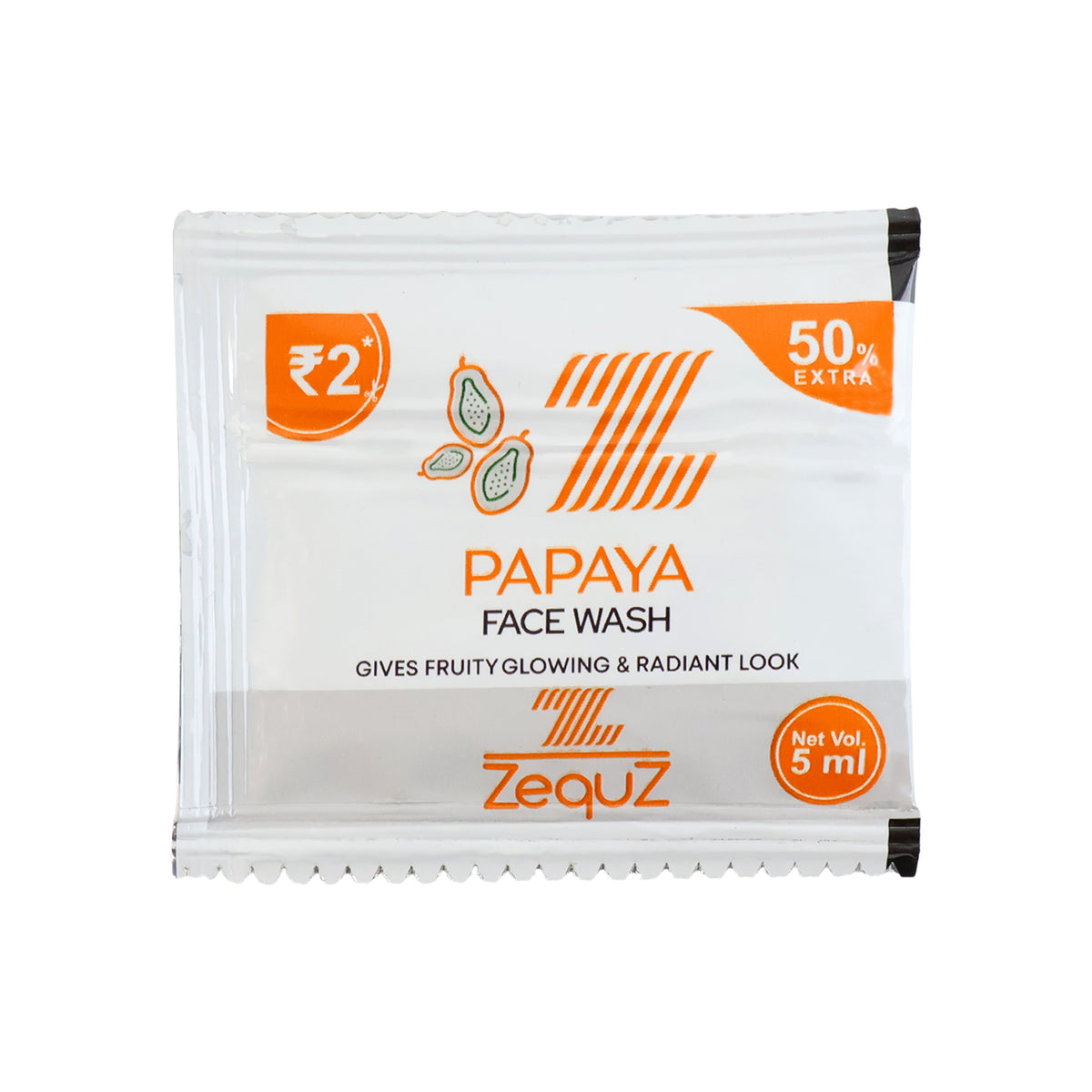 Wukusy Zequz Papaya Face Wash sachet, 5ml, single pack, showing a small, clear sachet with papaya face wash inside.