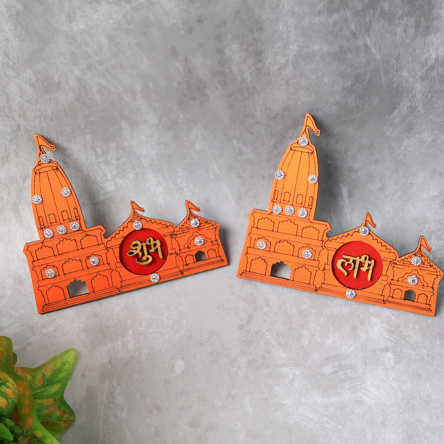 Decorative wall sticker featuring Shubh Labh Ram Temple Mandir design, ideal for home decor, by Wukusy in a 2-piece set.