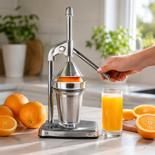 Wukusy heavy-duty manual citrus press juicer for lemons and oranges, with sturdy handle and stainless steel reamer.