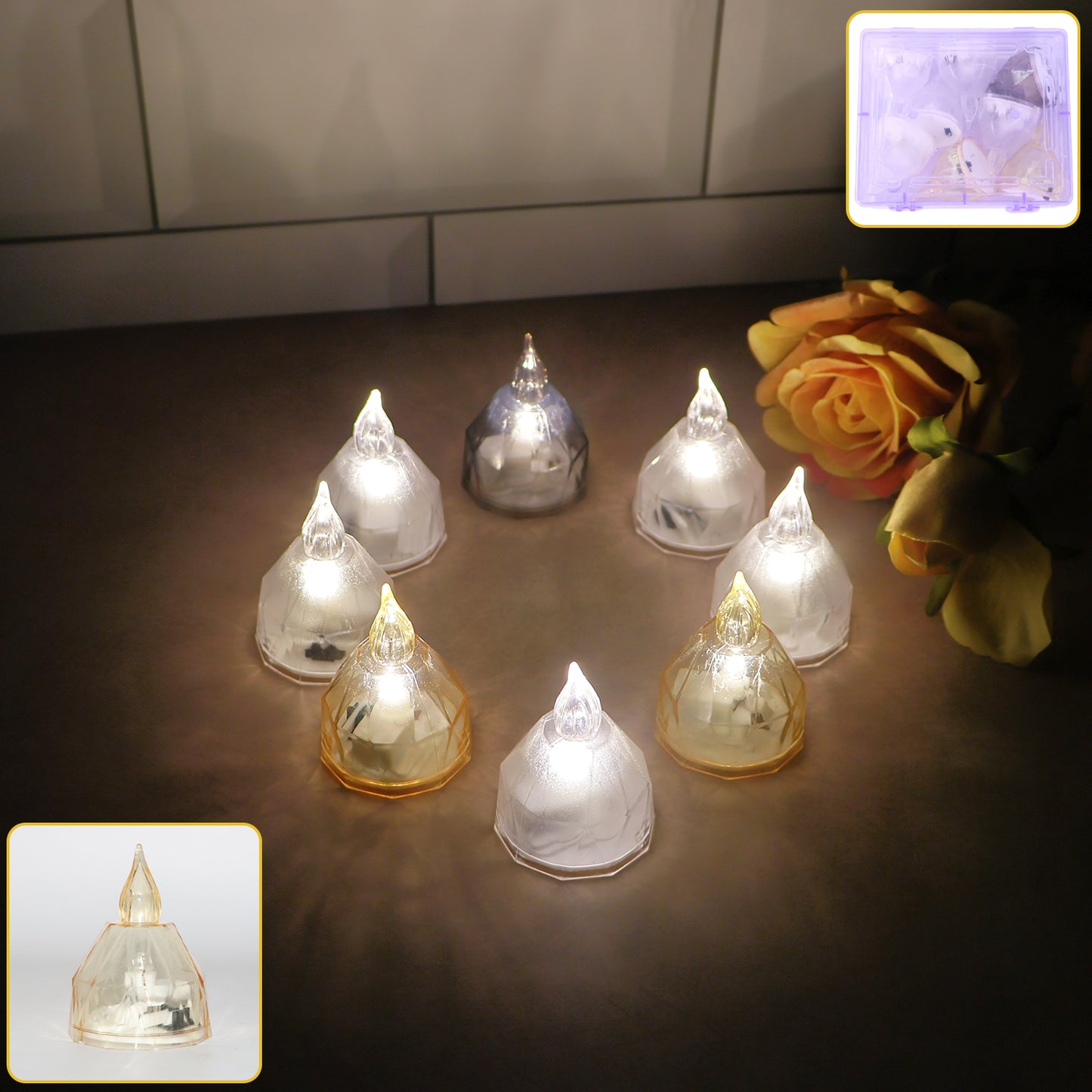 Set of 8 Wukusy LED flameless decorative diyas for home decor, featuring warm glow and intricate designs.