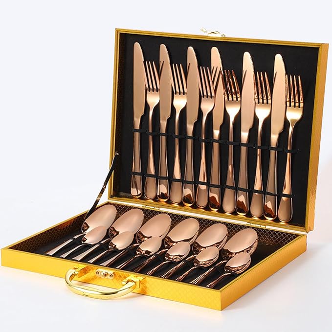 Wukusy 24-piece kitchen flatware set with forks and spoons displayed in a gift box, ideal for dining and kitchen use