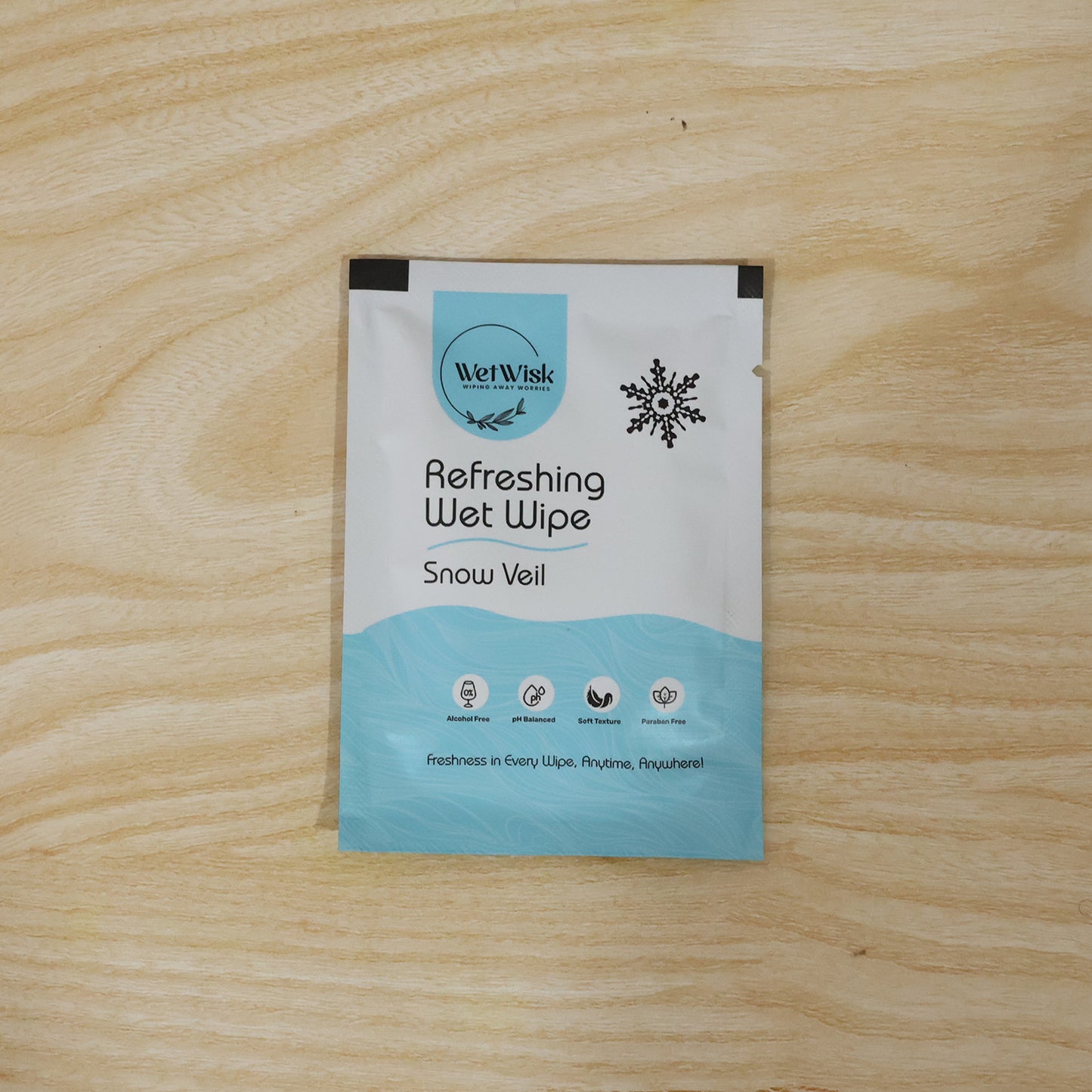 Wukusy Snow Veil refreshing wet wipes for face, body, and hands, moist cleansing wipes on white background