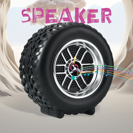 Portable Wukusy tyre-shaped wireless Bluetooth speaker with wheel design, ideal for mobile accessories and portable sound.