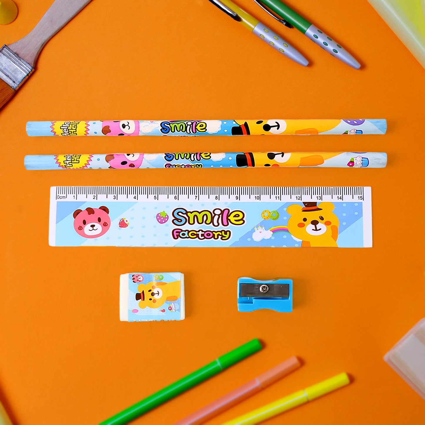 Wukusy 5-piece wooden pencil set and stationery pack with colorful pencils, erasers, and sharpeners for school kids and students