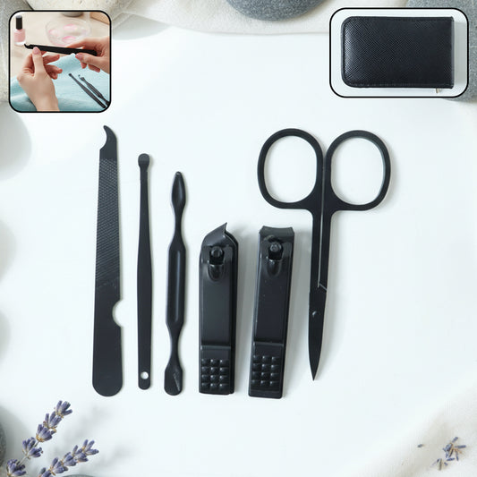 Wukusy 6-in-1 professional manicure and pedicure grooming tool set with various stainless steel tools on a white background.