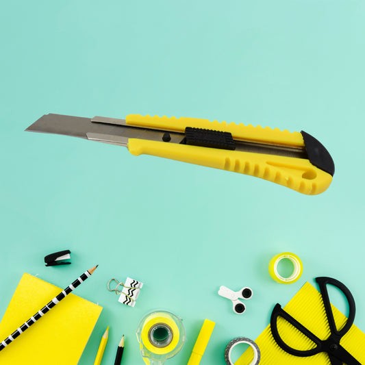 Heavy duty Wukusy working cutter knife with black handle and safety blade, ideal for industrial and hardware cutting tasks.