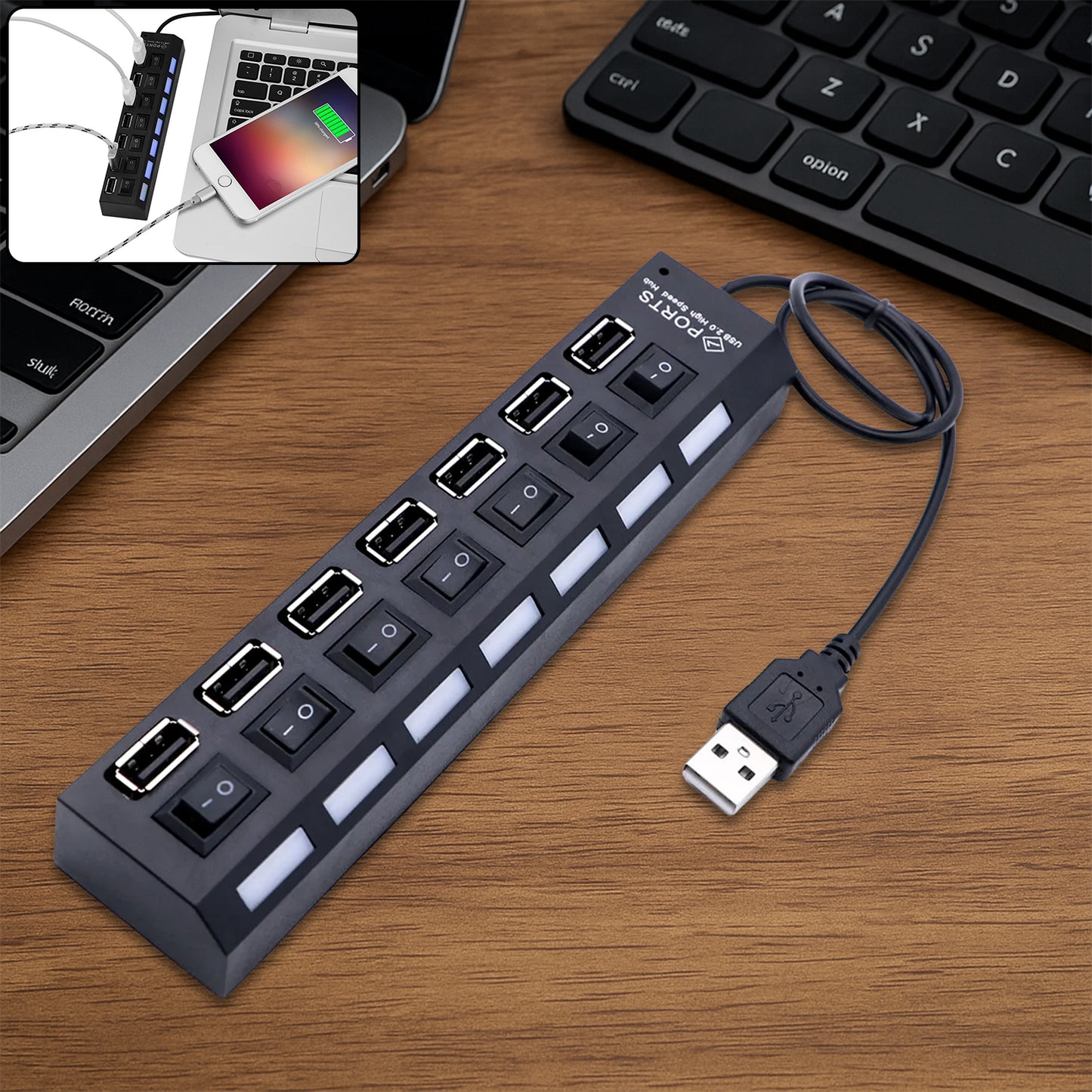 Wukusy 7-port USB 2.0 splitter hub with LED indicators, independent on/off switches, connected to a computer and various USB devices