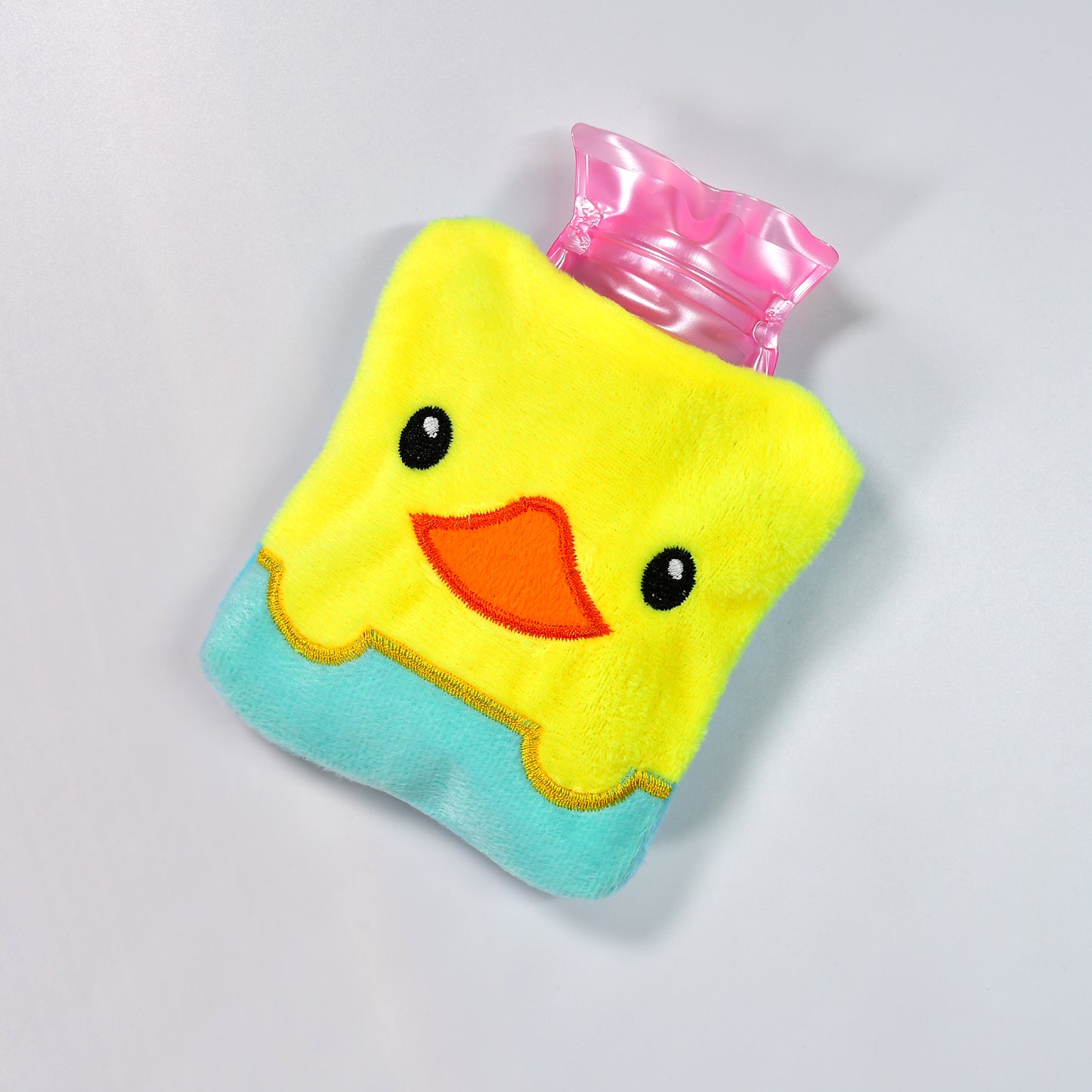 Yellow duck design small hot water bag with cover, ideal for pain relief, hand and feet warming, and menstrual cramps by Wukusy.