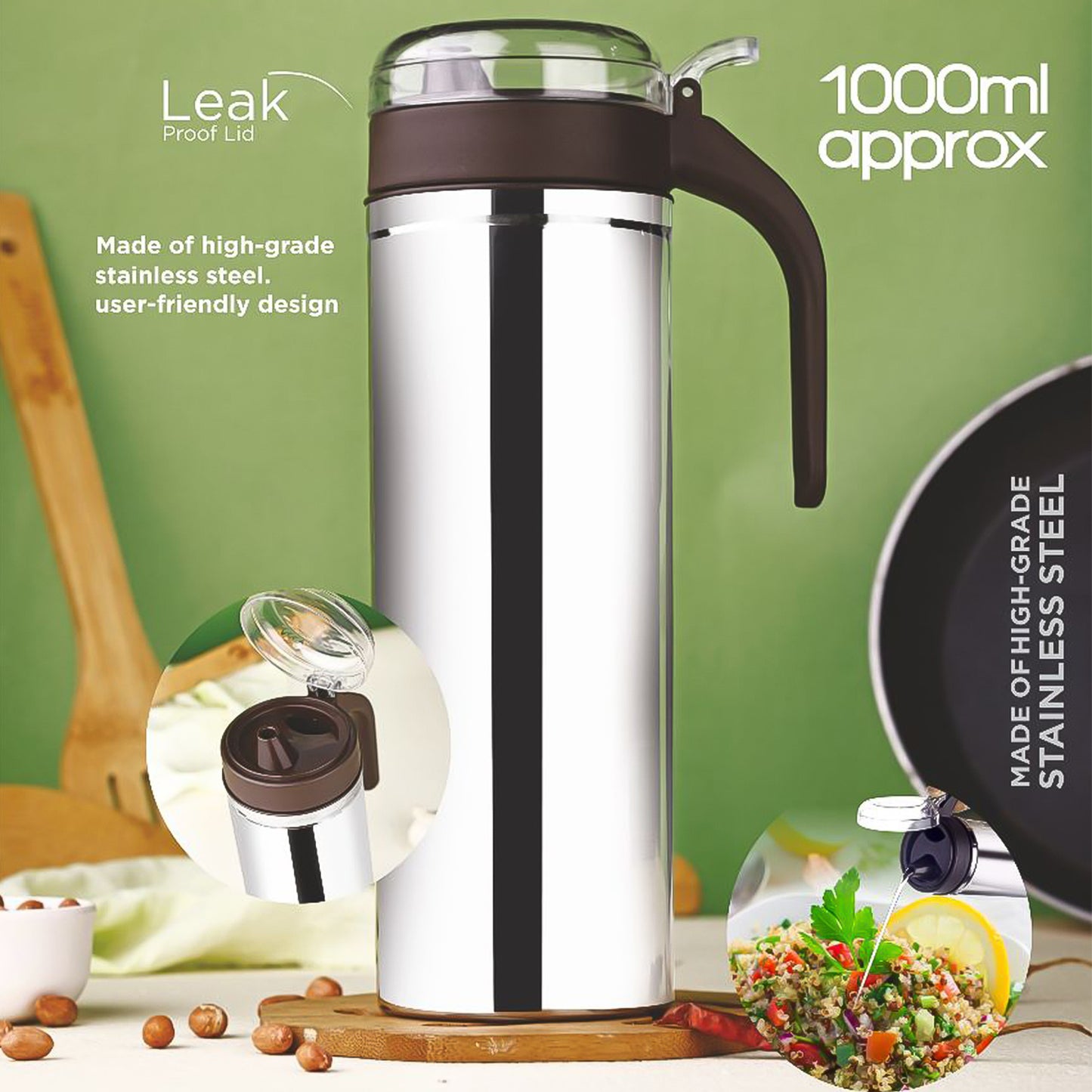 Wukusy Apex 1000ml stainless steel oil pourer for kitchen use, with a spout and handle for easy oil pouring.
