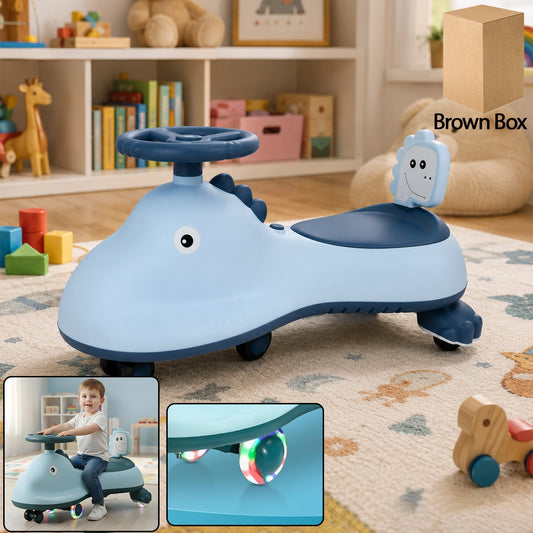 Blue Shark design kids swing car ride-on toy with music, featuring a twist mechanism, by Wukusy, perfect for active play.