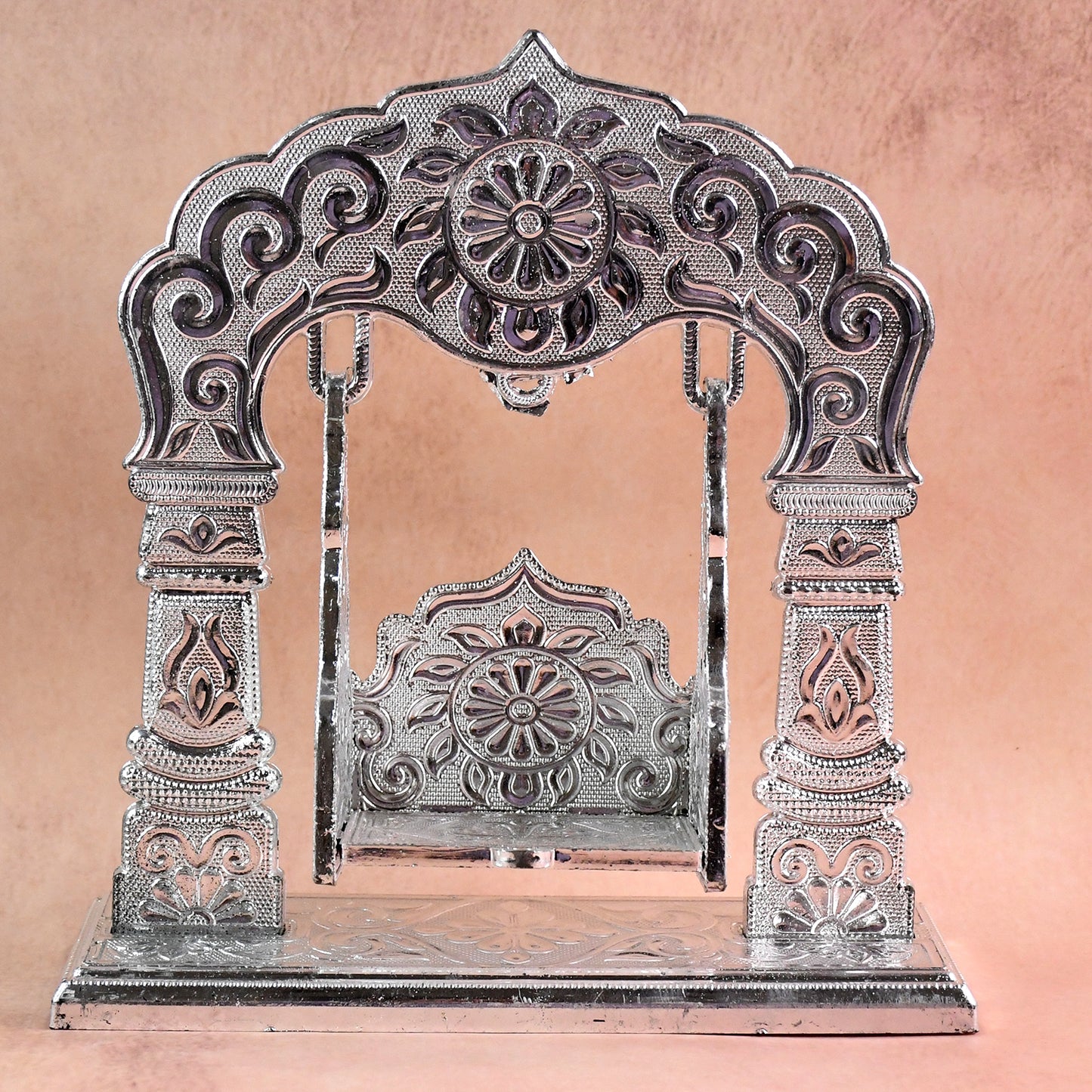 Wukusy Shreeji Bal Gopal Jhula, a single wooden swing with intricate carvings, designed for devotional display.