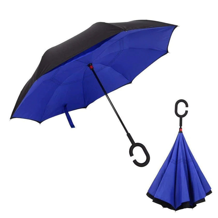 Wukusy 6211 plain windproof upside-down reverse umbrella with C-shaped handle, showing its unique design and sturdy construction.
