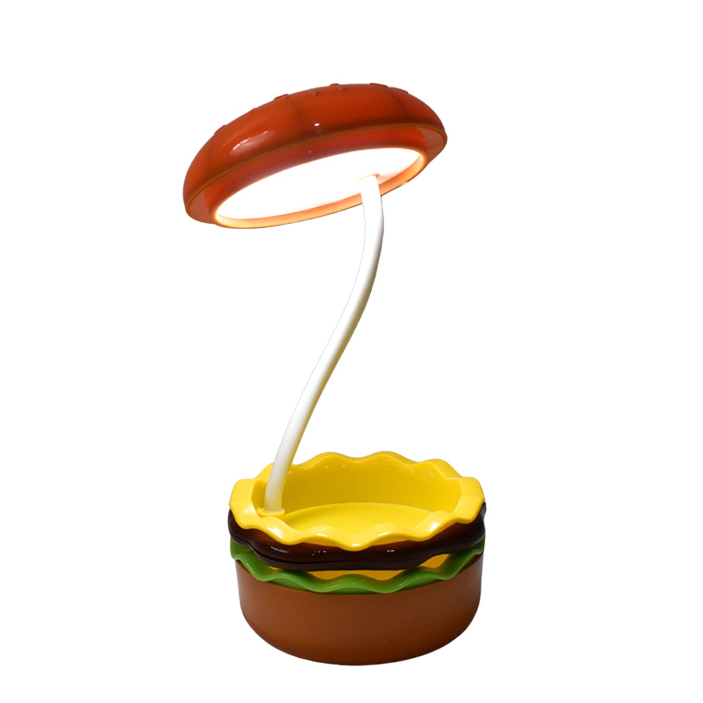 Wukusy Burger Delight folding LED night lamp illuminated, shaped like a burger, with soft glow and compact design.