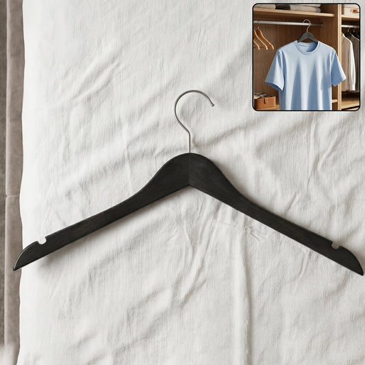 Wukusy premium cloth hanger with metal hook holding a shirt, coat, and top in a wardrobe, showcasing durable fabric and sturdy design.