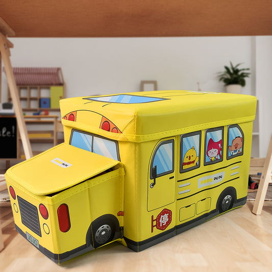 Wukusy school bus-shaped portable foldable toy box with lid, colorful plastic storage container for kids' toys and organization