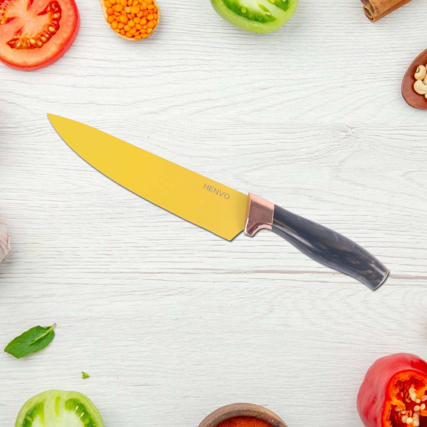 Wukusy 6-piece professional kitchen knife set including chef knives, cleaver, peeler, and scissors on a cutting board.