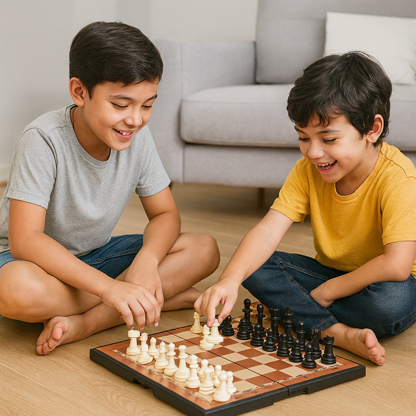 Wukusy portable plastic chess set with black and white chess pieces on a game board, perfect for travel and outdoor play.