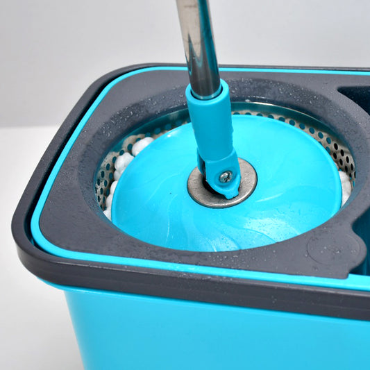 Wukusy Quick Spin Mop with plastic spin bucket, easy wheels, and large floor cleaning bucket for efficient home cleaning.
