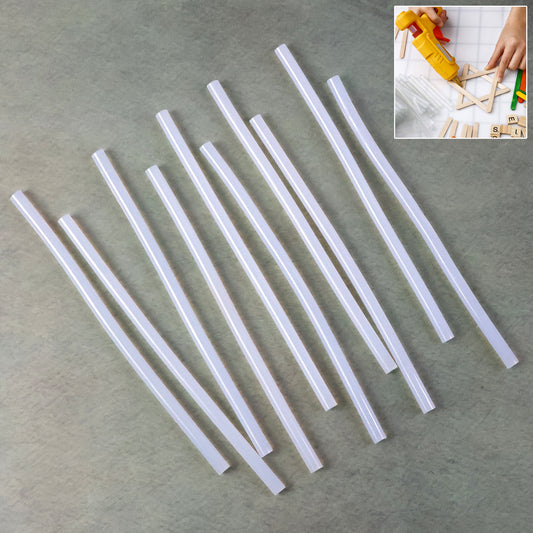 Set of 10 transparent Wukusy hot melt glue sticks for crafts and repairs, shown in a close-up image.