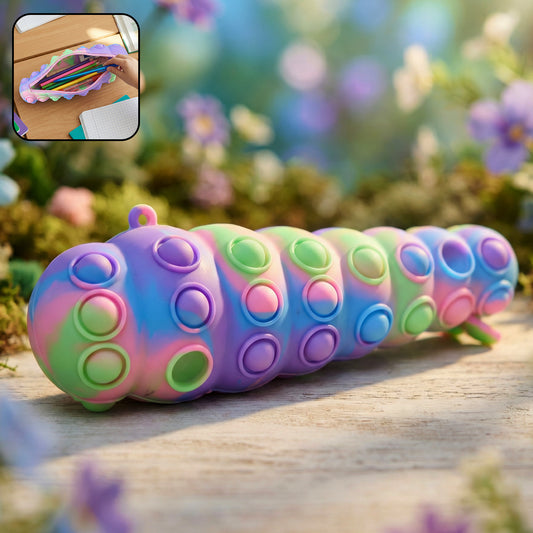 Rainbow caterpillar Pop It toy by Wukusy with colorful silicone bubbles for sensory fun and stress relief.