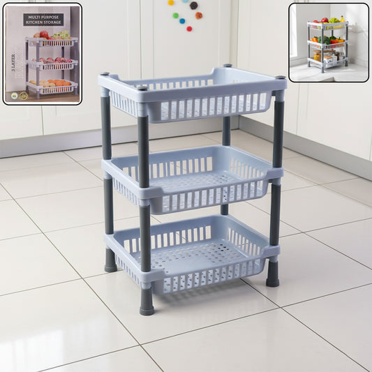 Wukusy 3-layer multipurpose kitchen storage basket rack with metal frame and multiple shelves for organized kitchen storage