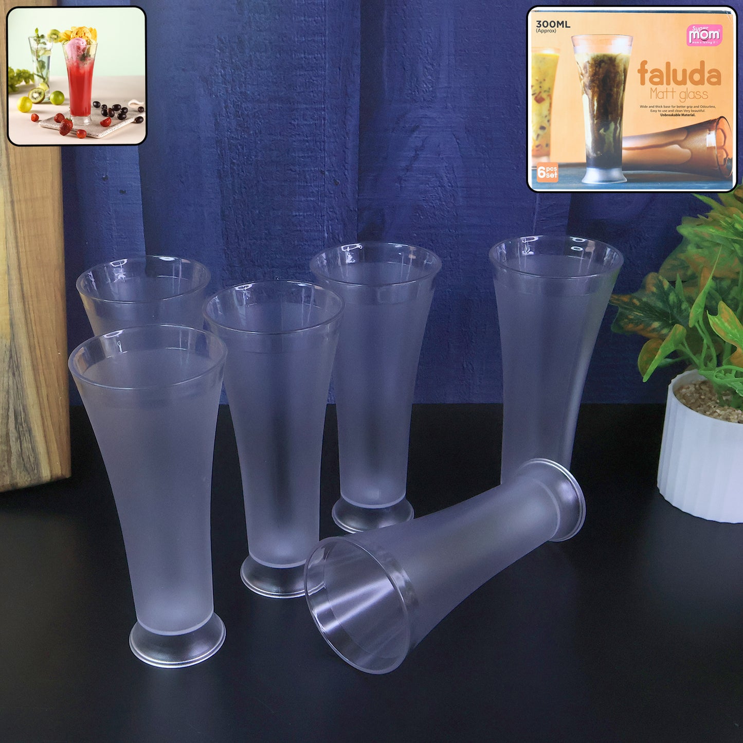 Six Wukusy Supermom Plastic Faluda Matt Glasses, 300ml each, arranged in a set for serving beverages or desserts.