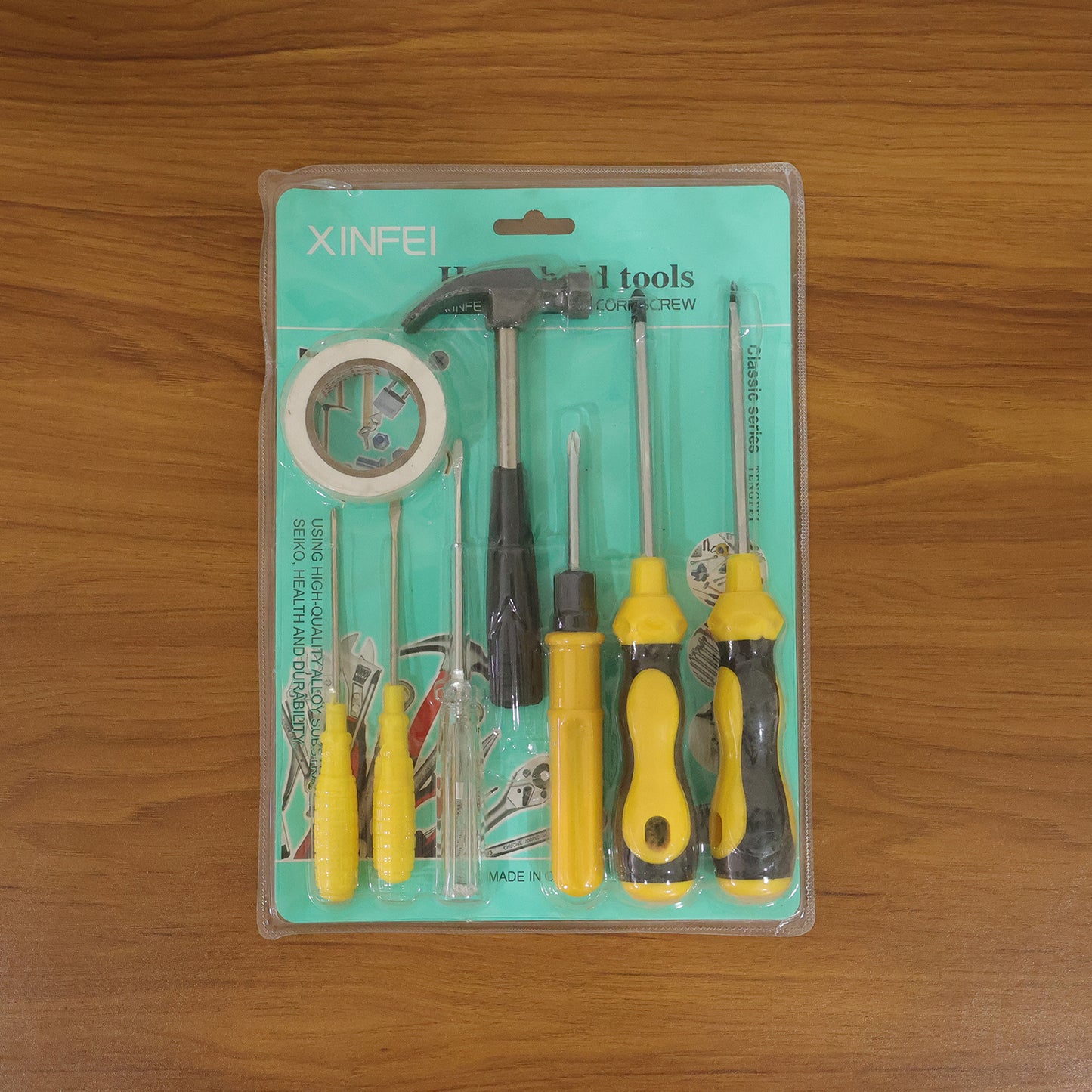 Wukusy 8-in-1 hand tool kit set includes screwdrivers, hammer, and repair tools in mixed colors, compact and versatile for repairs.