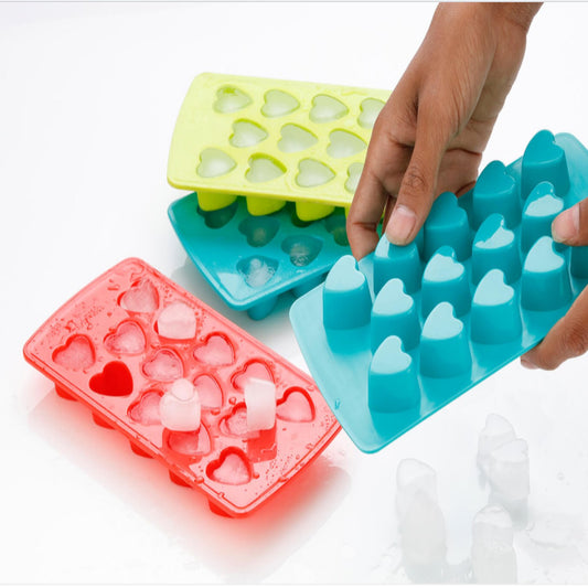 Heart-shaped ice cube tray by Wukusy, showing multiple clear silicone molds filled with water ready to freeze