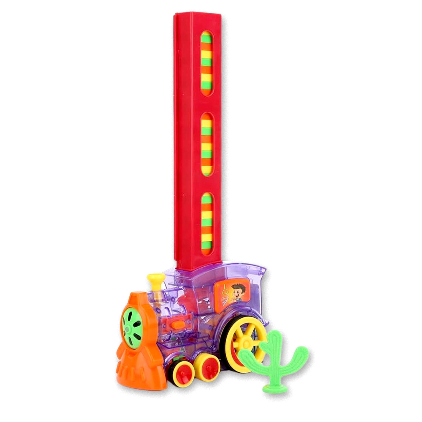 Wukusy transparent funny train engine toy with 60 blocks, music, lights, and automatic features for kids' play.