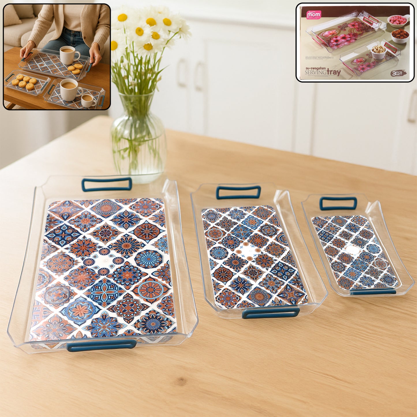 Wukusy Supermom 3-piece multipurpose serving tray set for home and kitchen use, with three durable, versatile trays in various sizes.