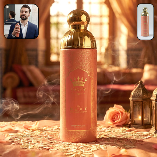 Wukusy Next Vanity Premium Perfumed Body Spray 200ml bottle with floral and fresh scent, shown in a sleek, clear container.
