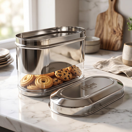 Supermom premium stainless steel modular oval canister by Wukusy, 1500 ml, with a sleek, polished finish and airtight lid.