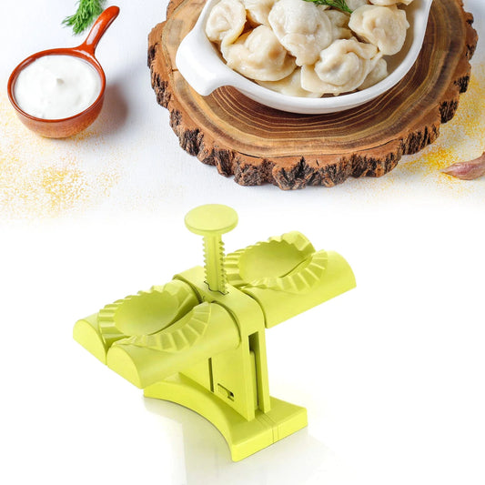 Wukusy 5300b dumpling maker mold with double heads for making two dumplings at once, in a brown box, kitchen accessory.