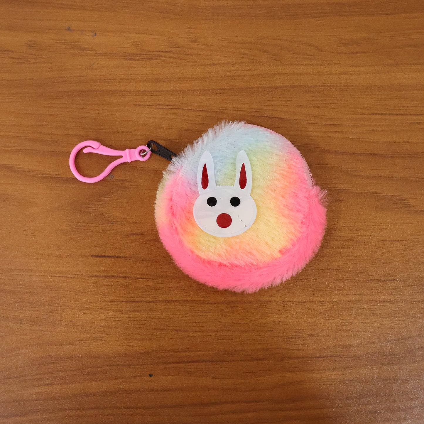 Wukusy cute bunny design rainbow fur mini coin purse keychain with adorable bunny face and colorful rainbow fur.