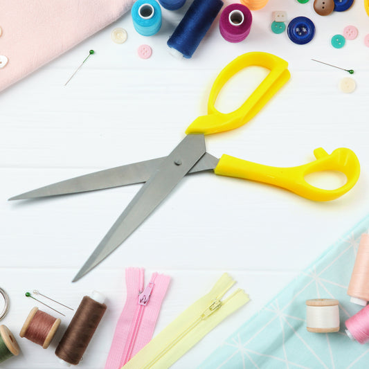 Wukusy 9-inch stainless steel craft scissors with ergonomic handles, suitable for paper cutting and general craft projects.