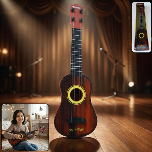 Wooden ukulele guitar for kids by Wukusy, showing a beginner's ukulele with natural wood finish and four strings.