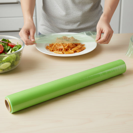 Wukusy Freshee biodegradable cling film roll, 30 meters long and 300mm wide, shown unrolled on a kitchen surface.