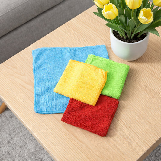 Wukusy microfiber cleaning cloths 4-piece set, soft and absorbent multipurpose towels for cleaning surfaces and household use.