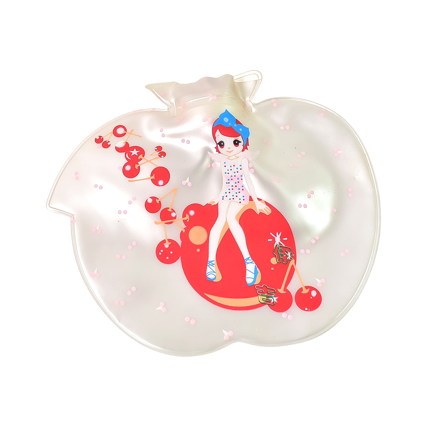 Wukusy 7235 Apple Hot Water Bottle Bag for pain relief, soft fabric cover with apple design, used for soothing warmth.