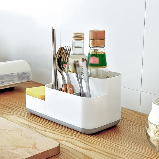 Wukusy plastic multipurpose bathroom desk organizer holder with five compartments for toiletries and office supplies.