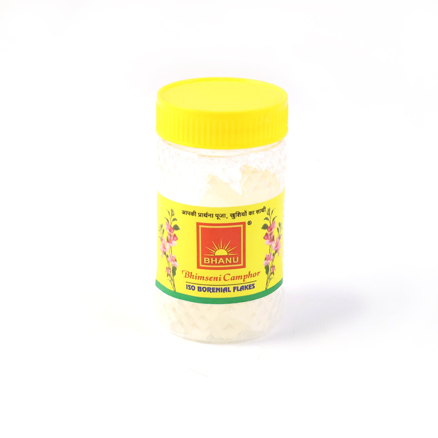 Wukusy Premium Bhimseni Camphor Iso Borneol Flakes in 20g package, showing transparent camphor flakes on a white background.