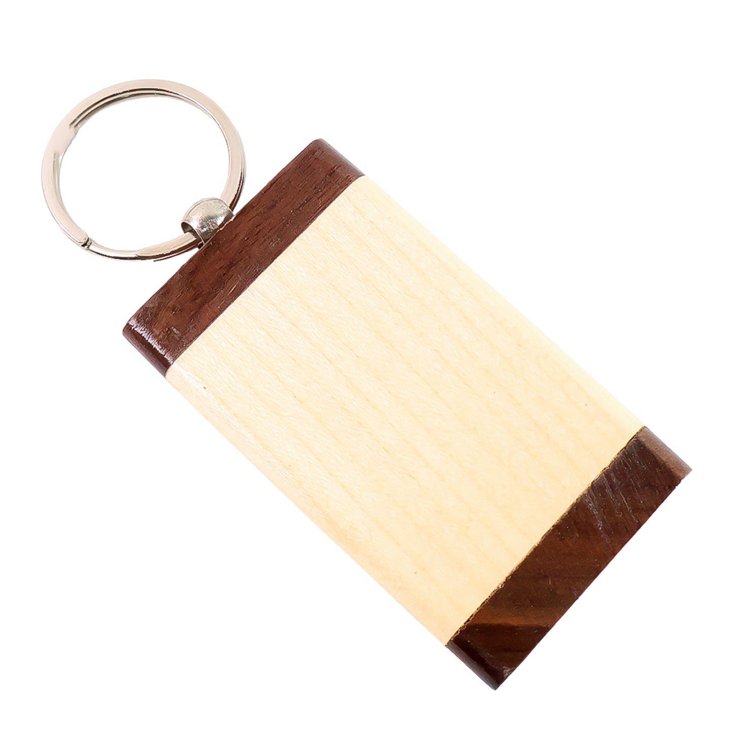 Wooden keychain with dual-tone finish from Wukusy, showing a polished, natural wood design with a metal keyring attachment.