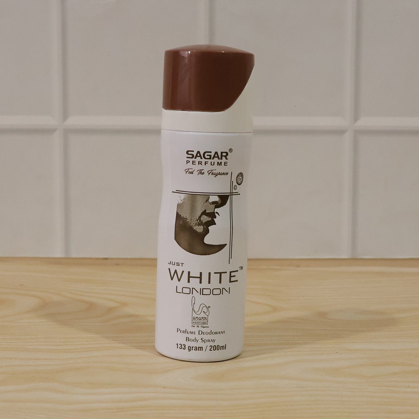 Wukusy Sagar Just White London perfume body spray deodorant for men, 200ml bottle with sleek white packaging and brand logo.