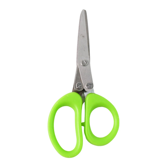 Wukusy premium 5-blade multipurpose herb scissors with ergonomic handle for kitchen use, shown with herbs ready for chopping.