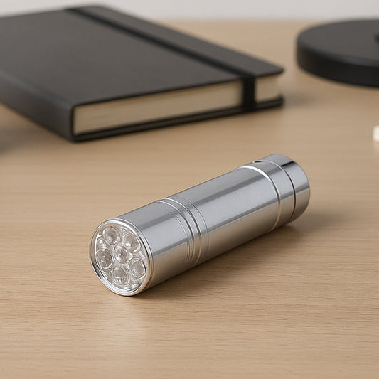 Wukusy portable mini flashlight with 9 LED lights, compact pocket-sized torch for emergency use, powered by 3 batteries (not included).