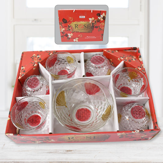 Set of 7 Wukusy rose glass dessert bowls including 6 medium and 1 large bowl for pudding, ice cream, fruit, and snacks.