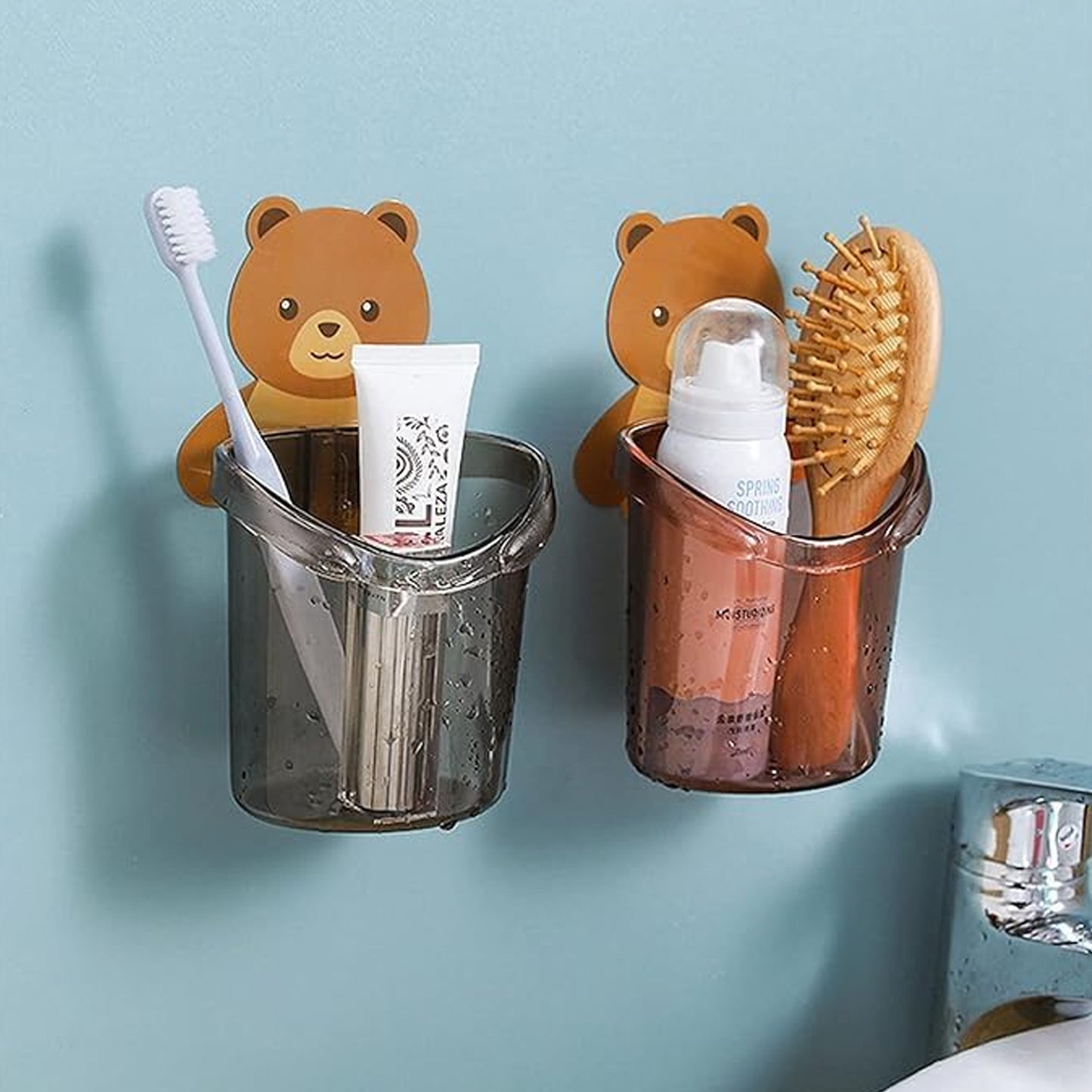Set of three cute teddy bear toothbrush holders for kids by Wukusy, designed for fun and organization in bathroom home improvement.