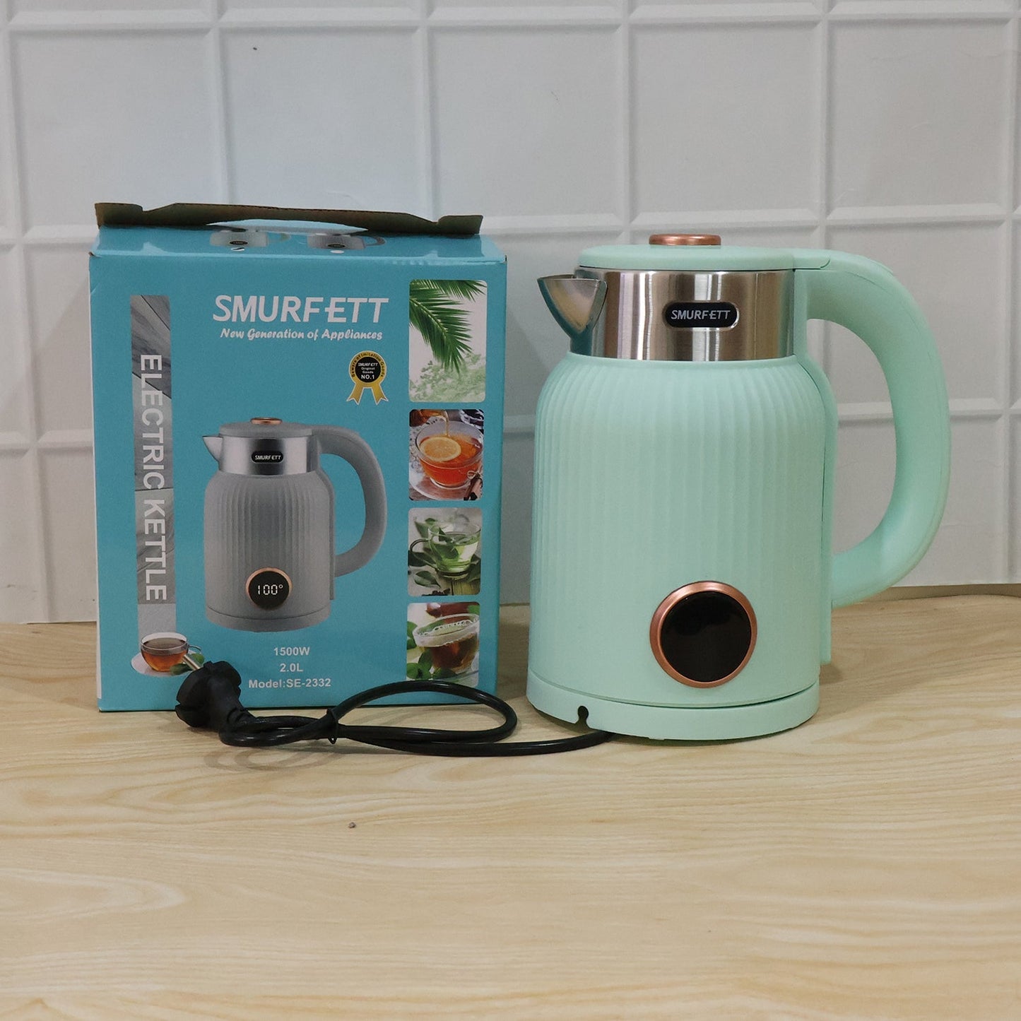 Wukusy electric 2L kettle with 1500W power for tea, coffee, milk, and hot water, shown on a kitchen countertop.