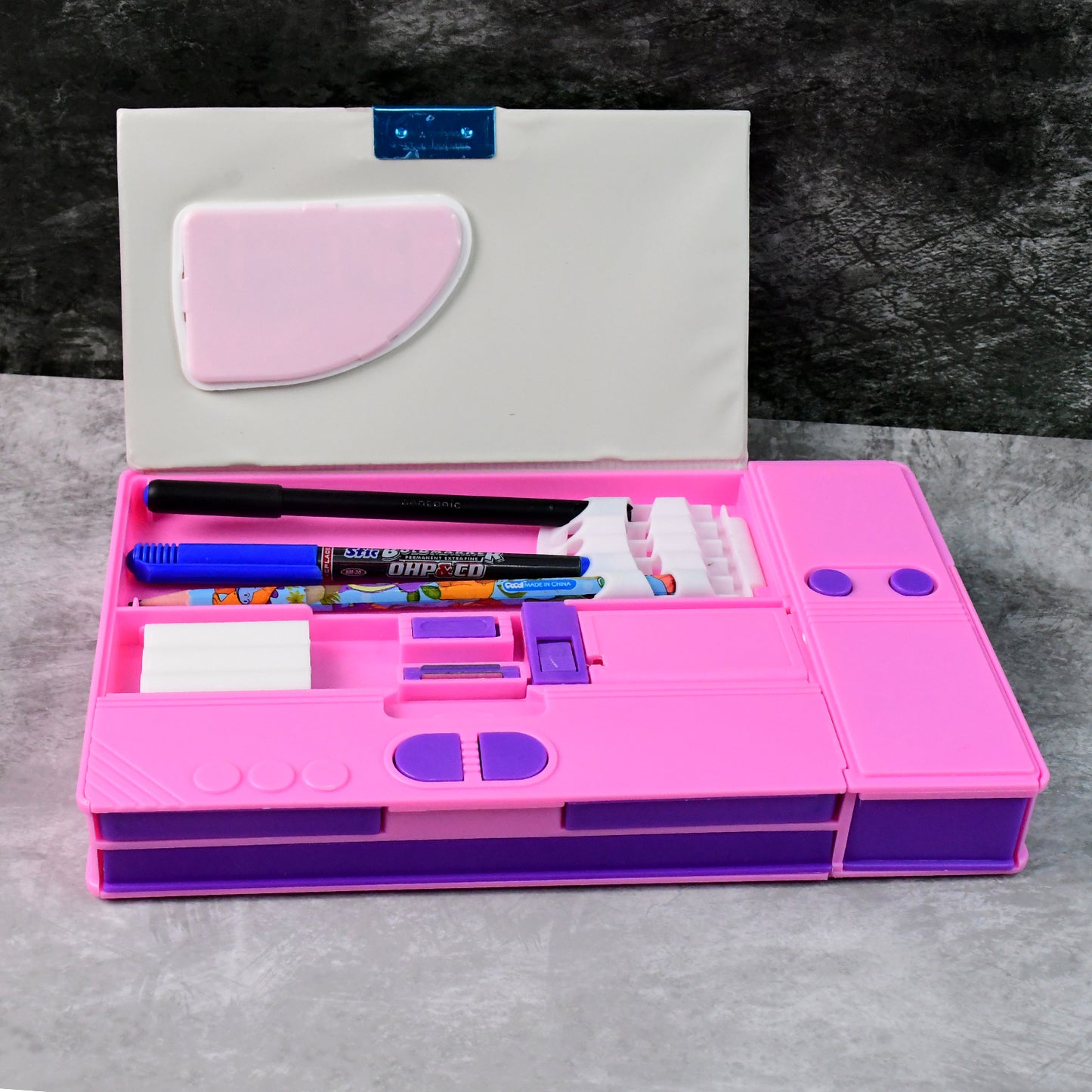Wukusy space-themed multi-functional pencil box with built-in calculator for office use, featuring space graphics and storage compartments.