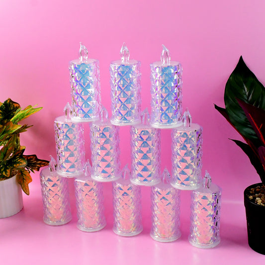 Set of 12 smokeless LED candles for home decor by Wukusy, showcasing warm light and realistic flickering flame effects.